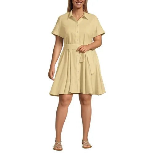 Women's Linen Blend Button Front Dress with Godets