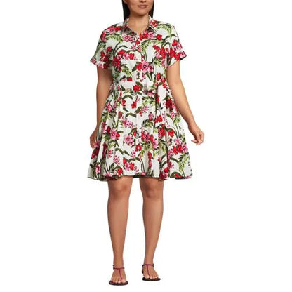 Women's Linen Blend Button Front Dress with Godets