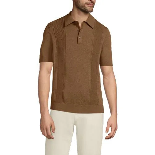 Men's Short Sleeve Vertical Rib Button Down Sweater Polo