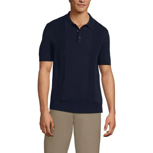 Men's Short Sleeve Vertical Rib Button Down Sweater Polo