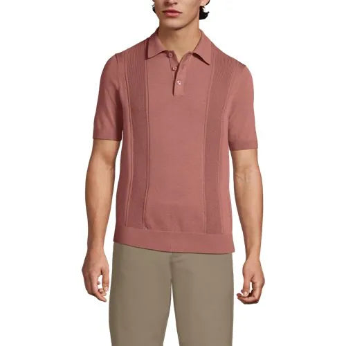 Men's Short Sleeve Vertical Rib Button Down Sweater Polo