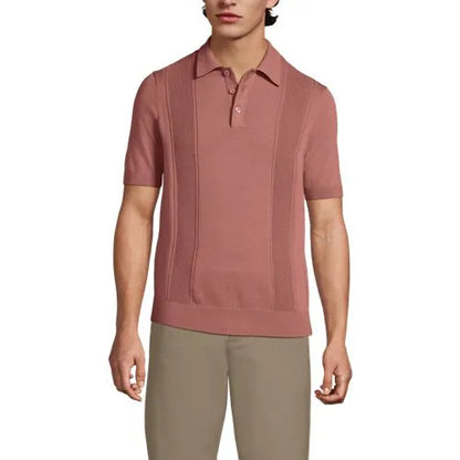Men's Short Sleeve Vertical Rib Button Down Sweater Polo