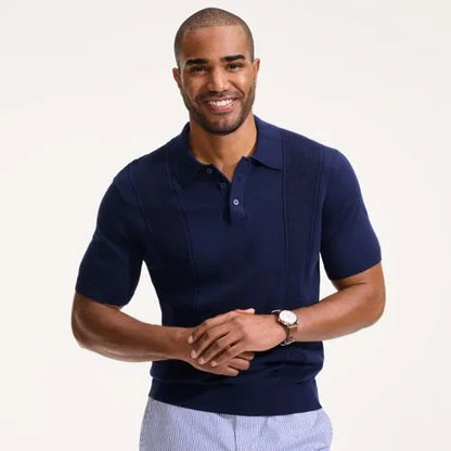 Men's Short Sleeve Vertical Rib Button Down Sweater Polo