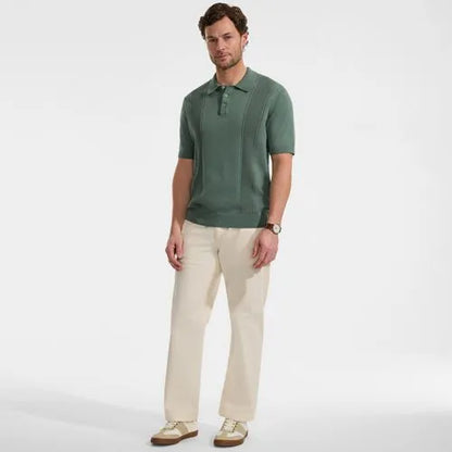 Men's Short Sleeve Vertical Rib Button Down Sweater Polo