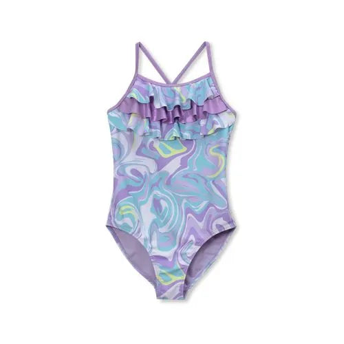 Girls Chlorine Resistant X-Back Ruffle One Piece Swimsuit