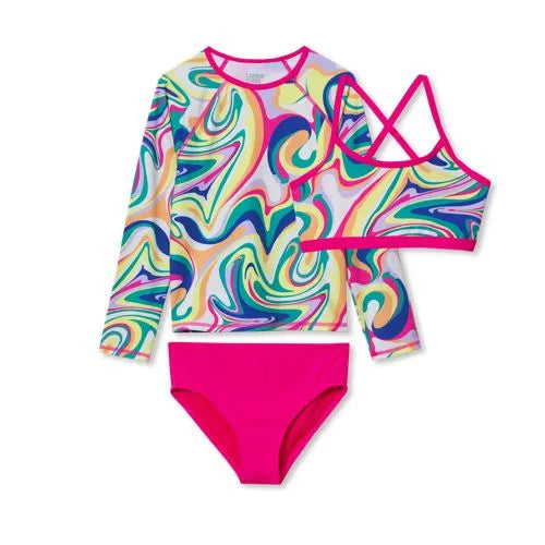 Girls Chlorine Resistant Long Sleeve Rash Guard Bikini 3 Piece Swimsuit Set