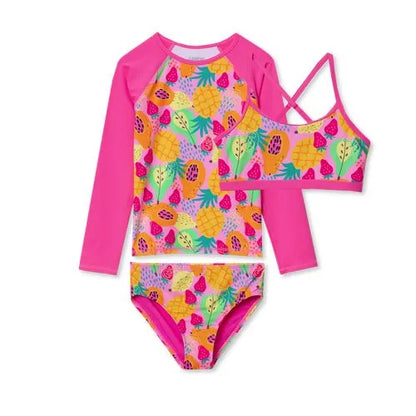 Girls Chlorine Resistant Long Sleeve Rash Guard Bikini 3 Piece Swimsuit Set