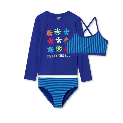 Girls Chlorine Resistant Long Sleeve Rash Guard Bikini 3 Piece Swimsuit Set
