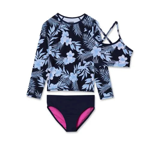 Girls Chlorine Resistant Long Sleeve Rash Guard Bikini 3 Piece Swimsuit Set