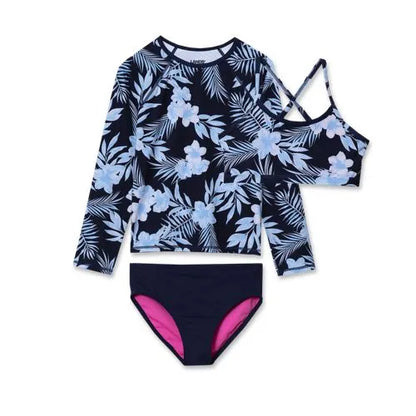 Girls Chlorine Resistant Long Sleeve Rash Guard Bikini 3 Piece Swimsuit Set