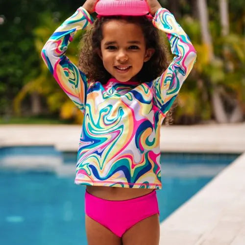 Girls Chlorine Resistant Long Sleeve Rash Guard Bikini 3 Piece Swimsuit Set