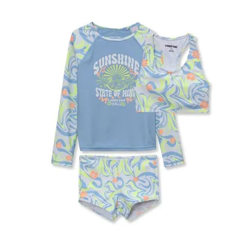 Girls UPF 50 Long Sleeve Rash Guard Boyshort 3 Piece Swimsuit Set