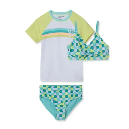 Girls Chlorine Resistant Short Sleeve Rash Guard 3 Piece Swimsuit Set
