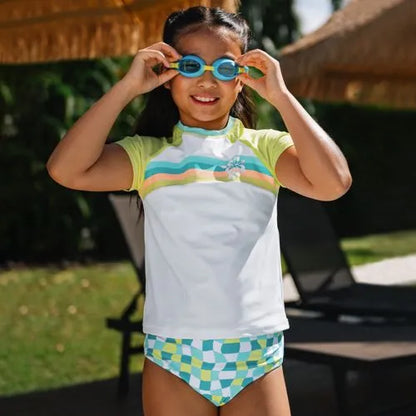 Girls Chlorine Resistant Short Sleeve Rash Guard 3 Piece Swimsuit Set
