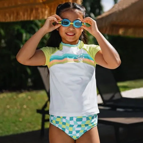 Girls Chlorine Resistant Short Sleeve Rash Guard 3 Piece Swimsuit Set
