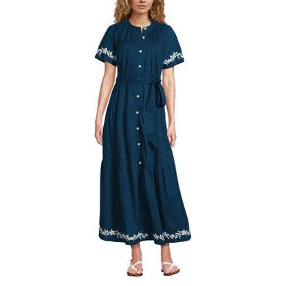 Women's Petite Cotton Voile Button Front Maxi Dress
