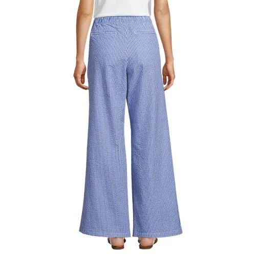 Women's Petite Seersucker High Rise Drawstring Wide Leg Pants