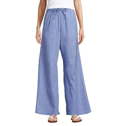 Women's Petite Seersucker High Rise Drawstring Wide Leg Pants