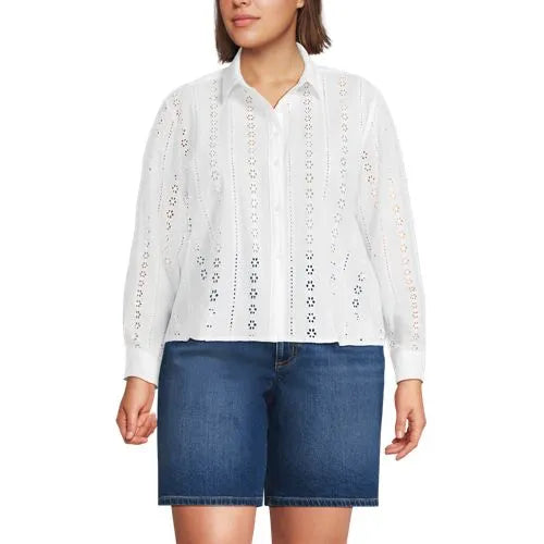 Women's Eyelet Cropped Button Front Shirt
