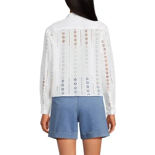 Women's Eyelet Cropped Button Front Shirt