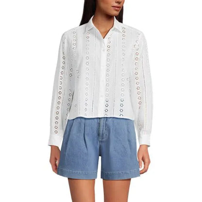 Women's Eyelet Cropped Button Front Shirt
