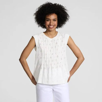Women's Cap Sleeve Eyelet Pintuck Swing Top