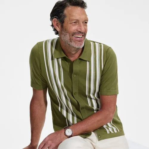 Men's Short Sleeve Striped Button Through Sweater Polo
