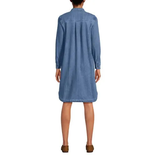 Women's Light Weight Denim Long Sleeve Button Front Shirt Dress