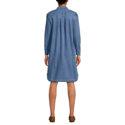 Women's Light Weight Denim Long Sleeve Button Front Shirt Dress
