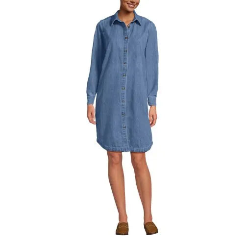 Women's Light Weight Denim Long Sleeve Button Front Shirt Dress
