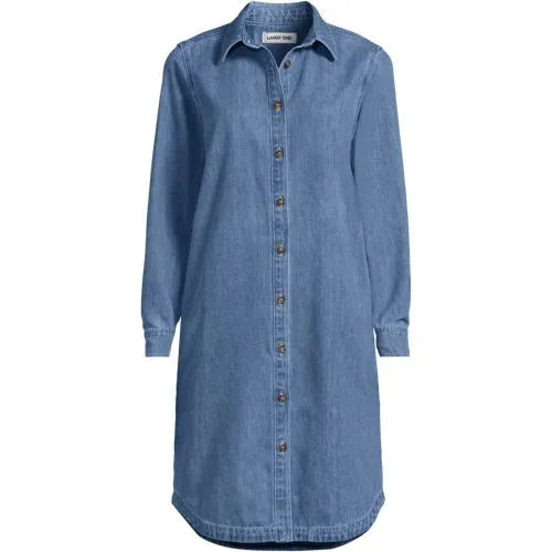 Women's Light Weight Denim Long Sleeve Button Front Shirt Dress