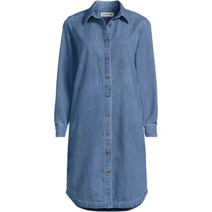 Women's Light Weight Denim Long Sleeve Button Front Shirt Dress