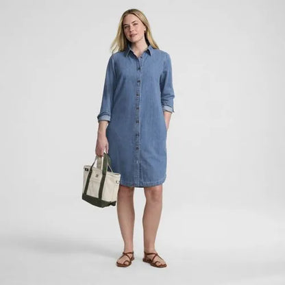 Women's Light Weight Denim Long Sleeve Button Front Shirt Dress