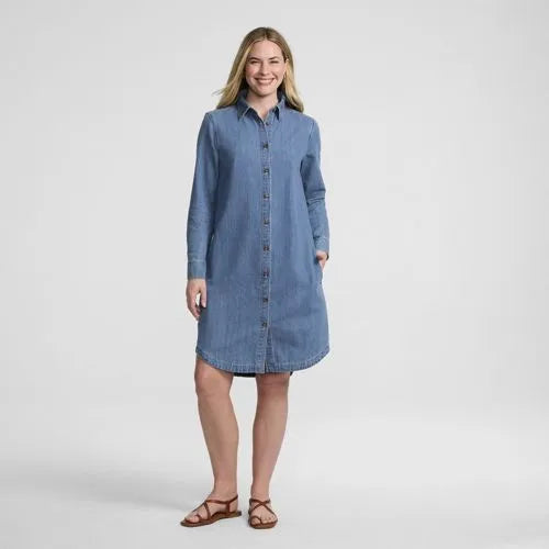 Women's Light Weight Denim Long Sleeve Button Front Shirt Dress