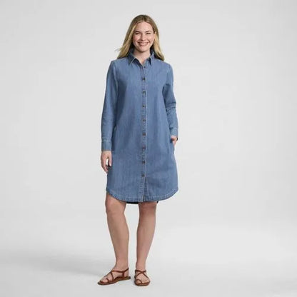 Women's Light Weight Denim Long Sleeve Button Front Shirt Dress