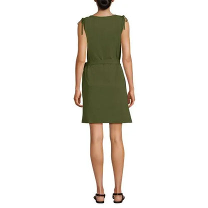 Women's Cotton Jersey Shoulder Tie Belted Mini Dress