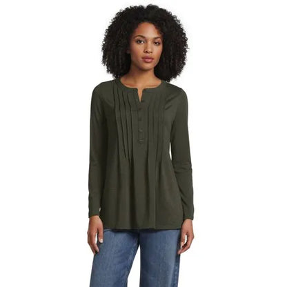 Womens Long Sleeve Lightweight Jersey Pintuck Button Tunic Blouse
