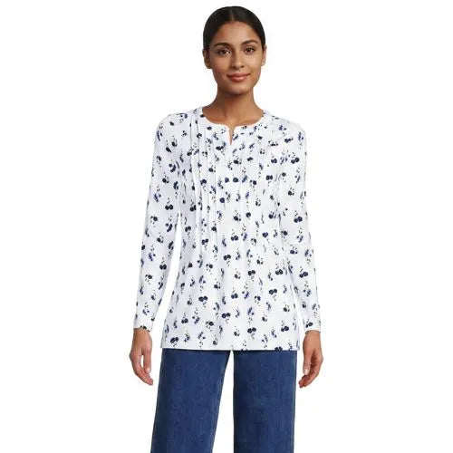 Womens Long Sleeve Lightweight Jersey Pintuck Button Tunic Blouse