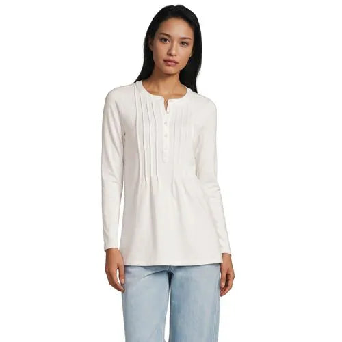 Womens Long Sleeve Lightweight Jersey Pintuck Button Tunic Blouse