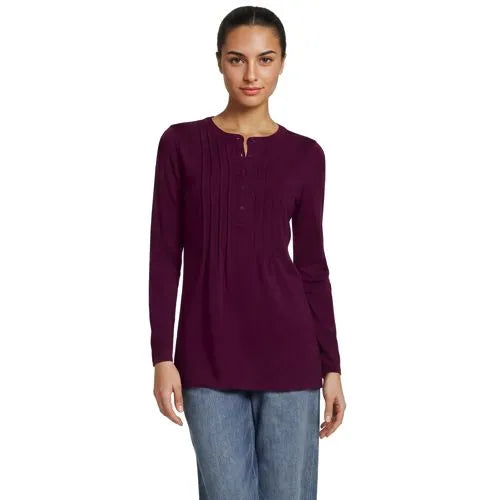 Womens Long Sleeve Lightweight Jersey Pintuck Button Tunic Blouse