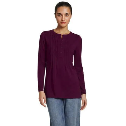 Womens Long Sleeve Lightweight Jersey Pintuck Button Tunic Blouse