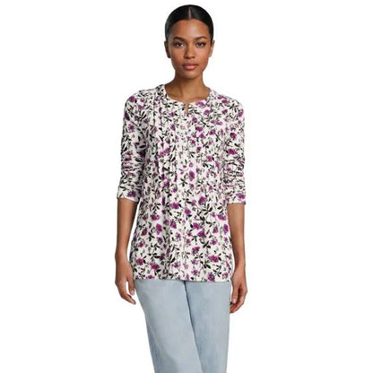 Womens Long Sleeve Lightweight Jersey Pintuck Button Tunic Blouse