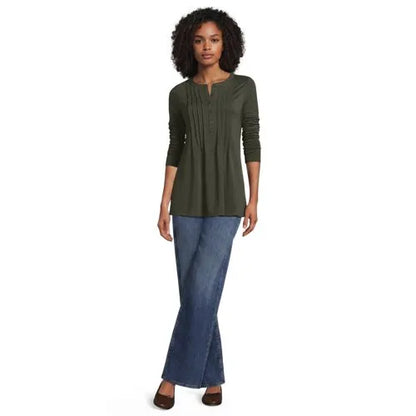 Womens Long Sleeve Lightweight Jersey Pintuck Button Tunic Blouse