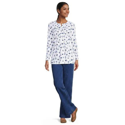 Womens Long Sleeve Lightweight Jersey Pintuck Button Tunic Blouse