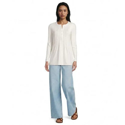 Womens Long Sleeve Lightweight Jersey Pintuck Button Tunic Blouse