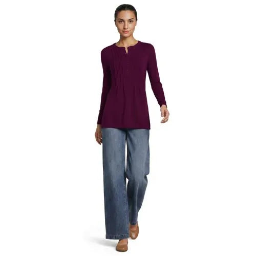 Womens Long Sleeve Lightweight Jersey Pintuck Button Tunic Blouse