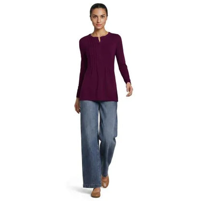 Womens Long Sleeve Lightweight Jersey Pintuck Button Tunic Blouse