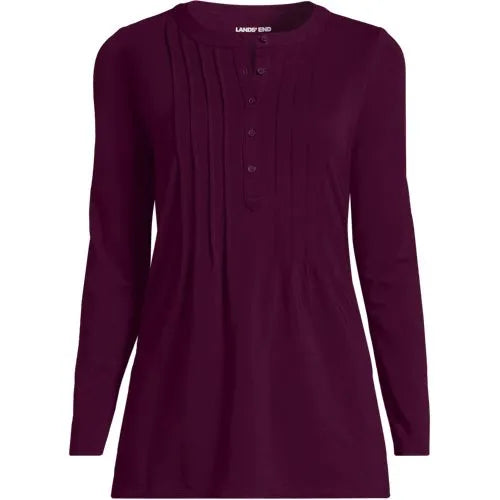 Womens Long Sleeve Lightweight Jersey Pintuck Button Tunic Blouse