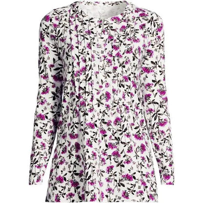 Womens Long Sleeve Lightweight Jersey Pintuck Button Tunic Blouse