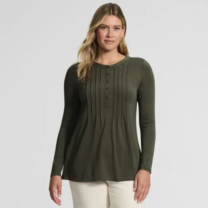 Womens Long Sleeve Lightweight Jersey Pintuck Button Tunic Blouse